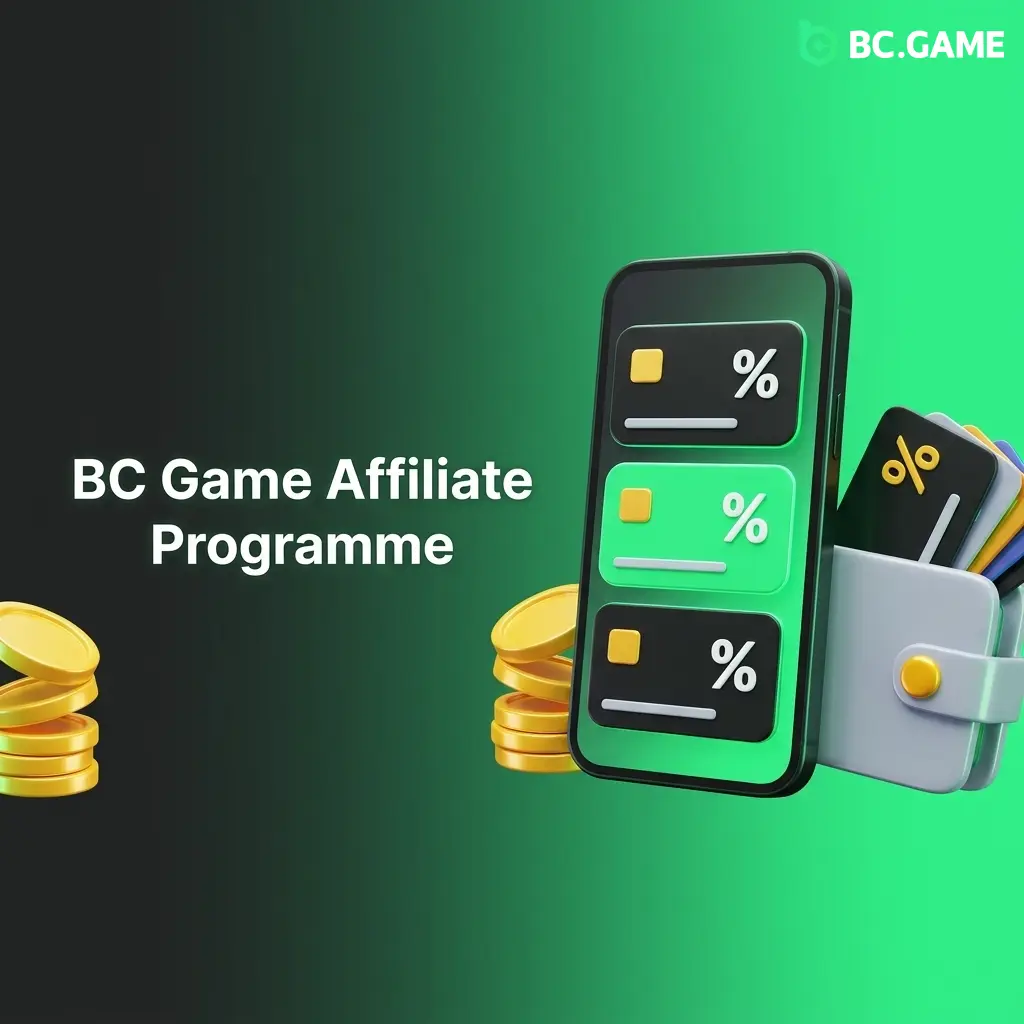 BC Game affiliate programme dashboard showing revenue share commissions, crypto payouts, and referral tracking tools