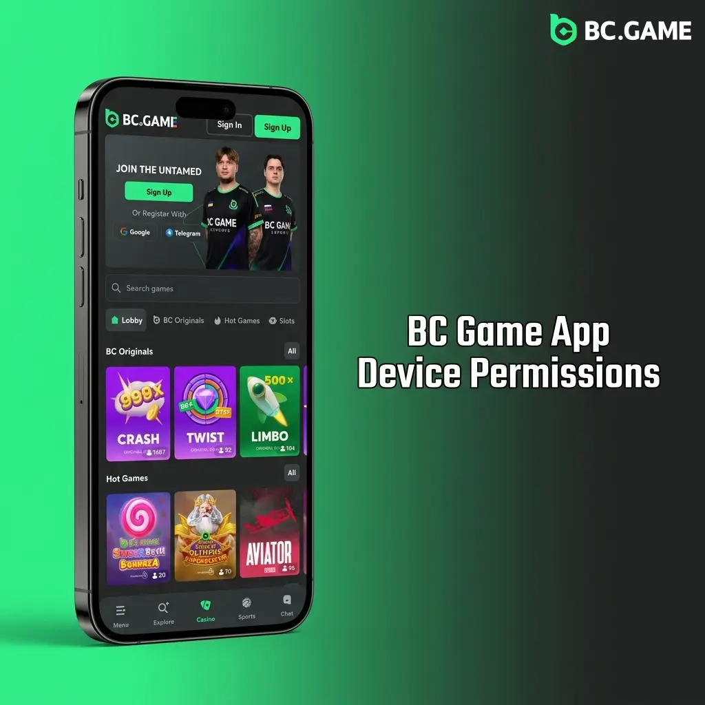 BC Game APK device permissions including internet, storage, notifications, camera for KYC, and optional location access