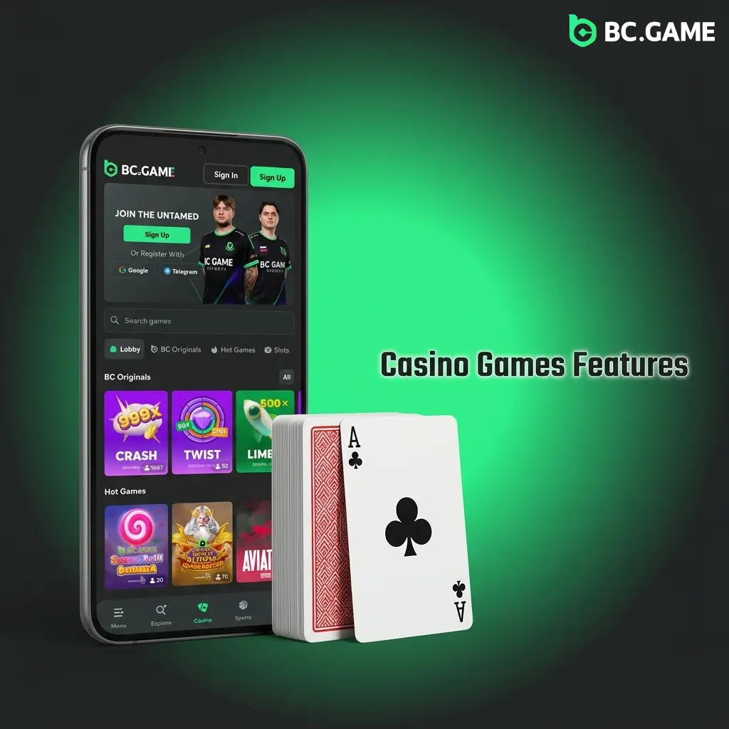 BC Game mobile app showing 9000+ casino games including slots, live casino, table games, and crash titles