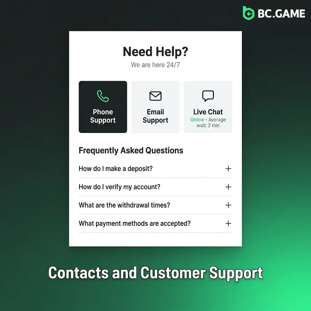 BC Game 24/7 customer support options including live chat, email, and help centre for UK players