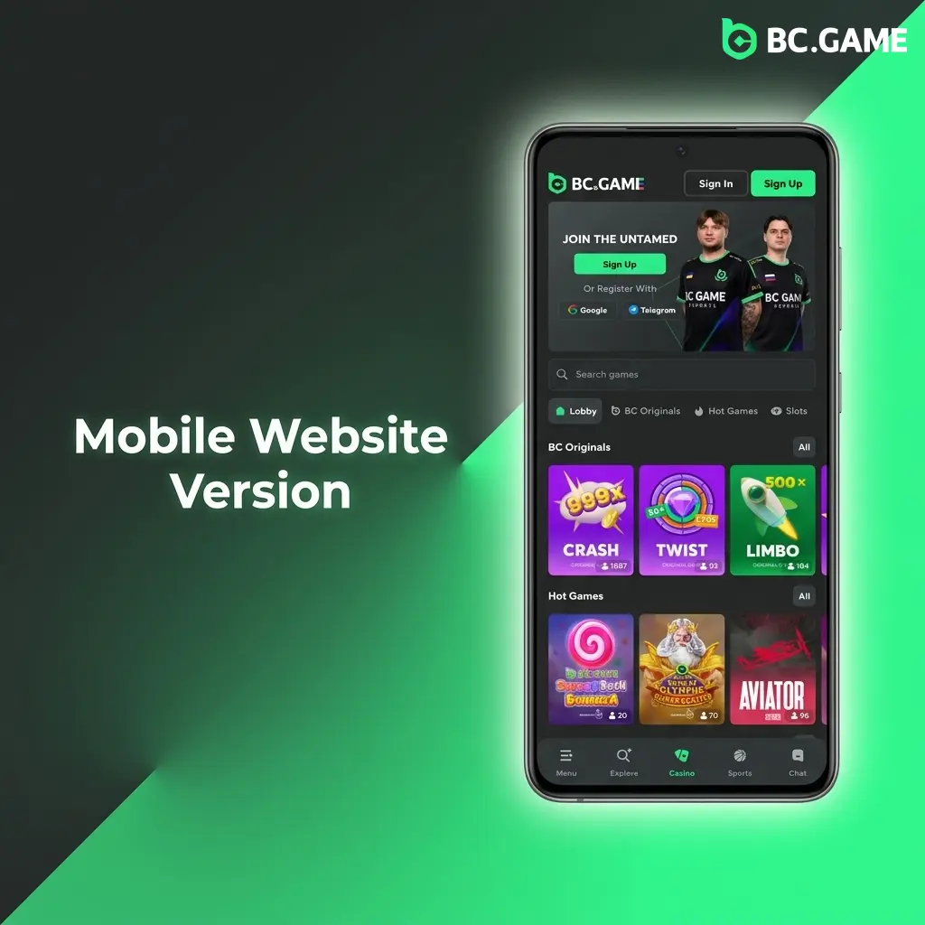 BC Game mobile website on smartphone browser showing sports betting and casino games with no download required