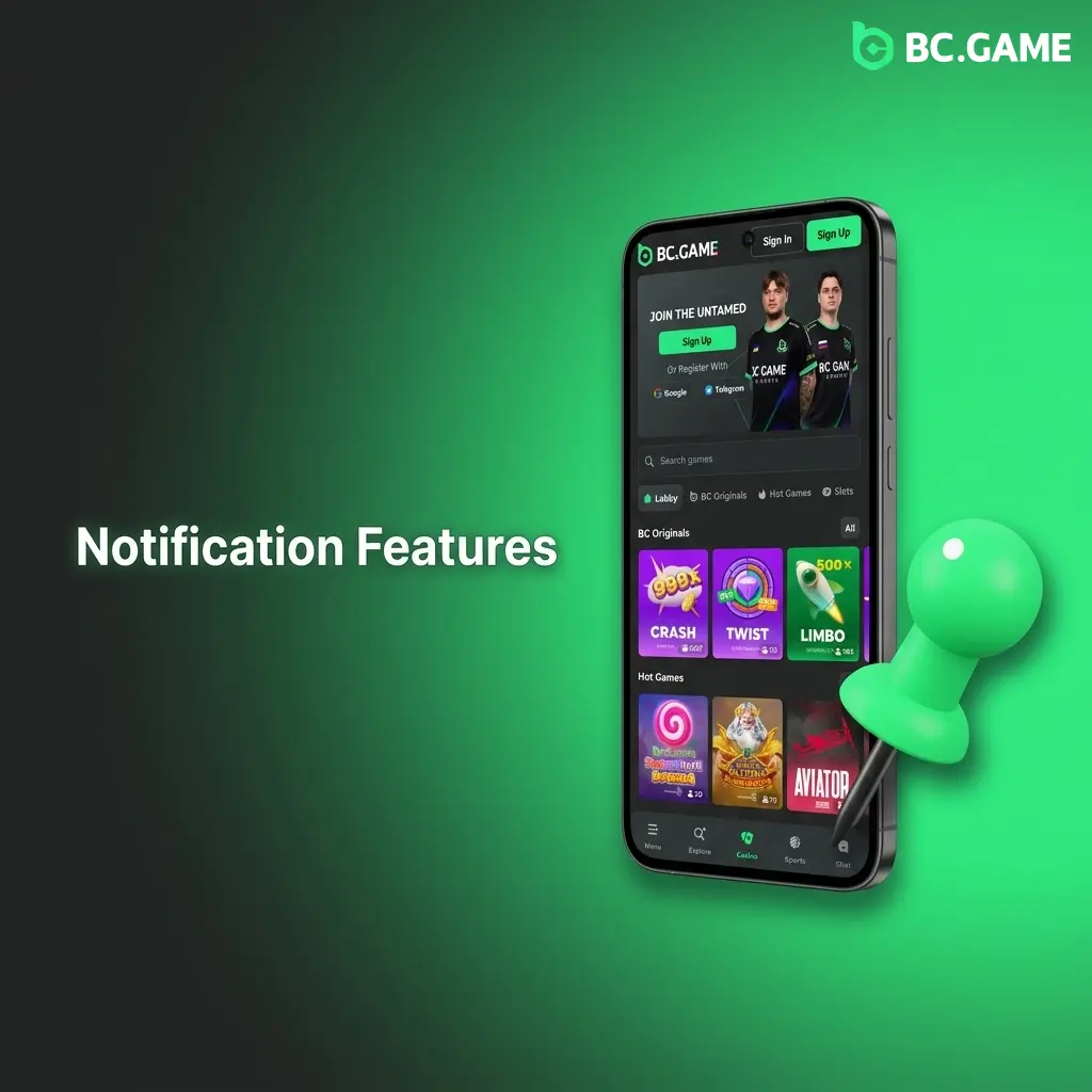 BC Game app push notifications settings showing bet alerts, deposit confirmations, bonus offers, and customizable preferences