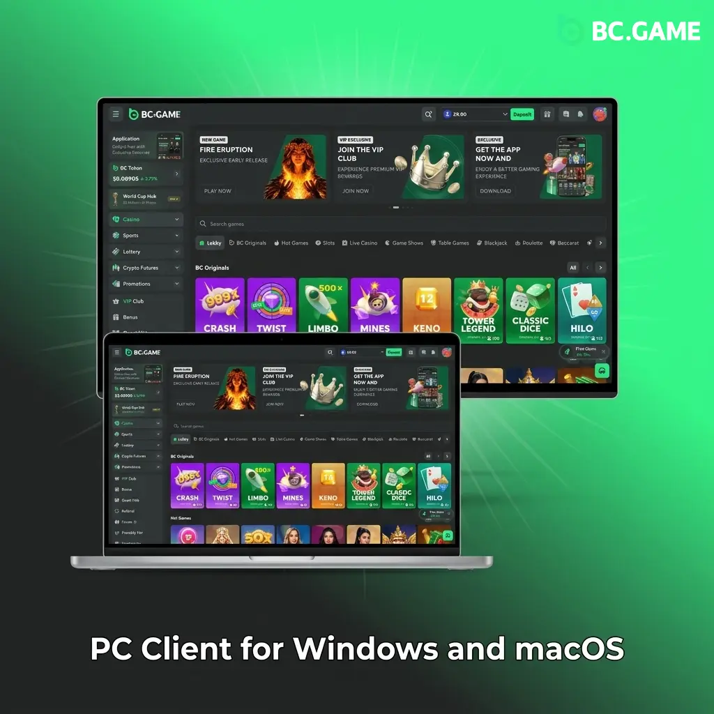 BC Game has no desktop client; UK players access the platform via Chrome, Firefox, Safari, or Edge browser on Windows or macOS.