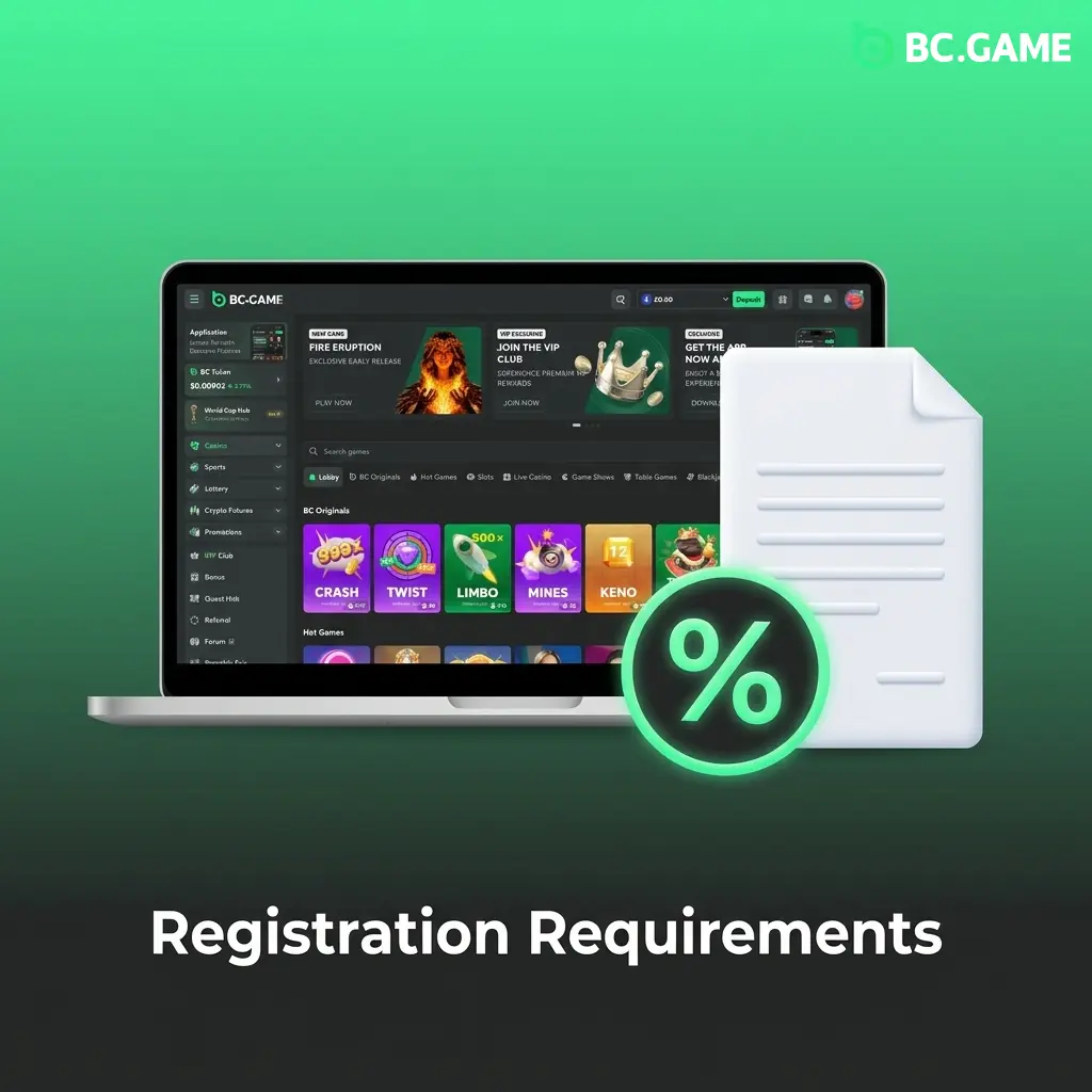 BC Game UK registration requirements checklist showing age verification, KYC documents, and eligibility rules for new accounts