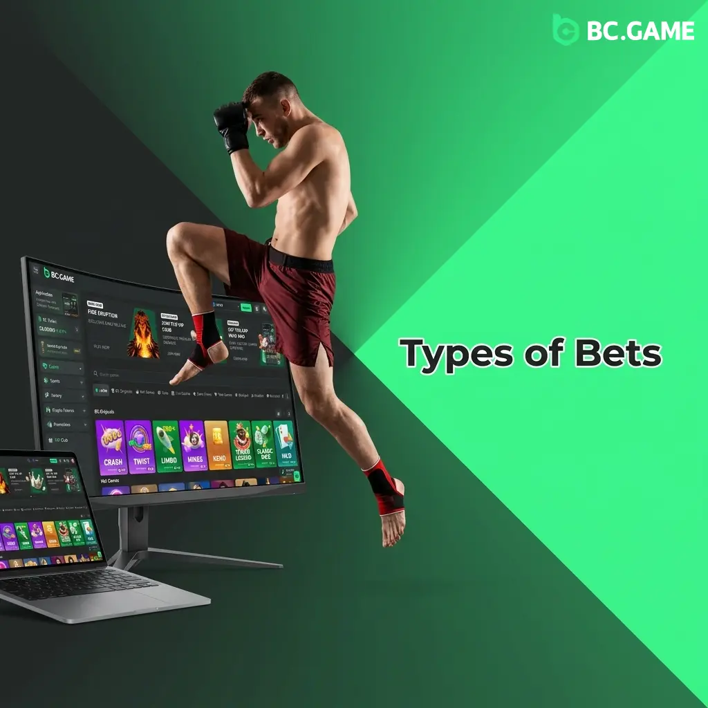 BC Game bet types chart showing single, accumulator parlay, and system bets for UK sports and esports markets