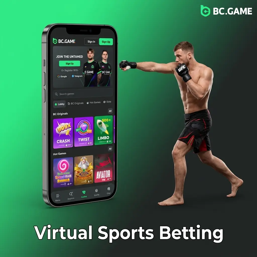 Virtual sports betting interface showing simulated football, horse racing, basketball and tennis games available 24/7 on BC Game