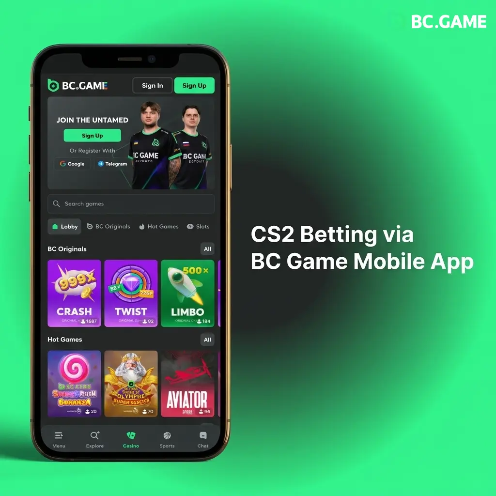 BC Game mobile app interface showing CS2 esports betting markets in the sportsbook section on a smartphone screen