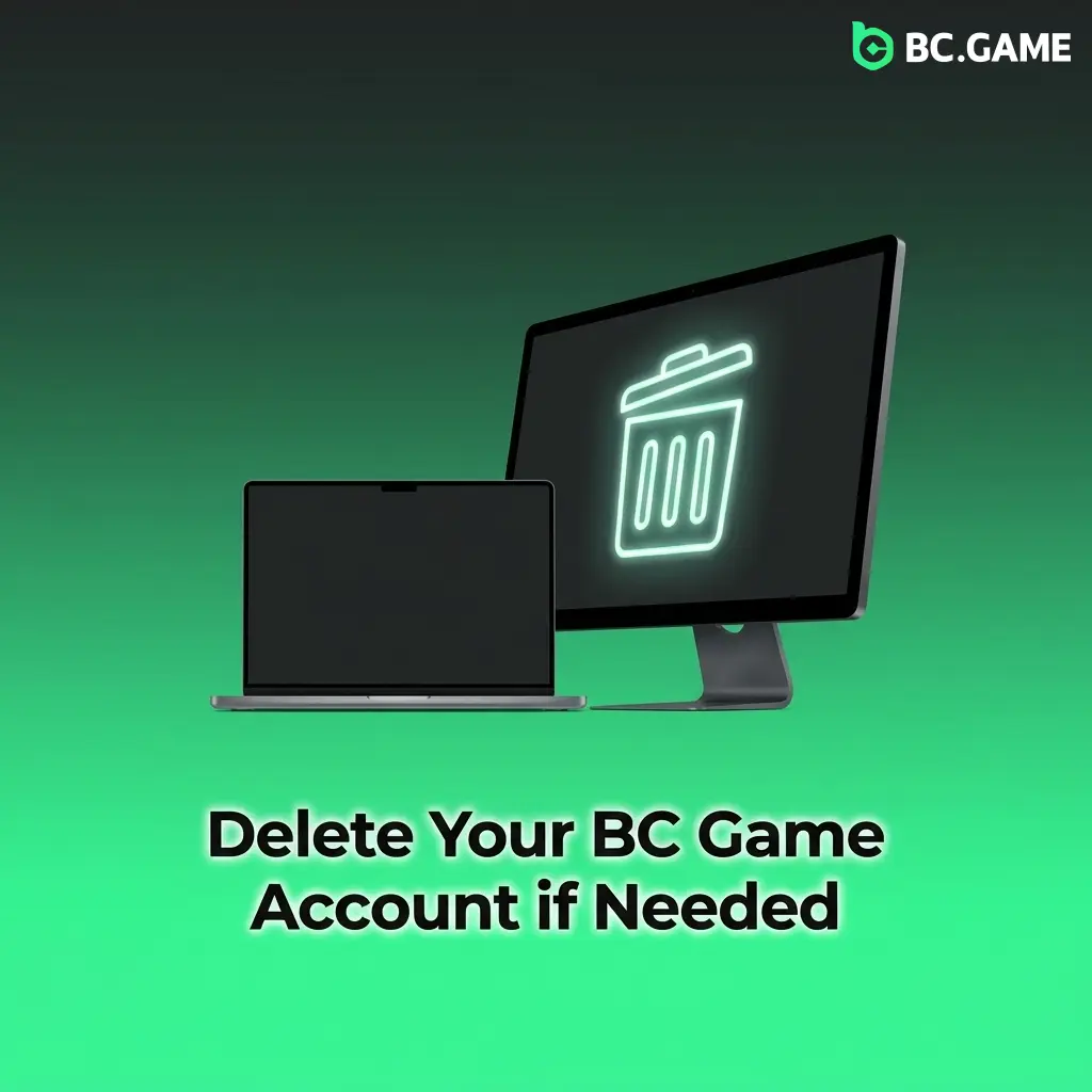 BC Game account deletion settings page showing steps to permanently close an account via profile security options
