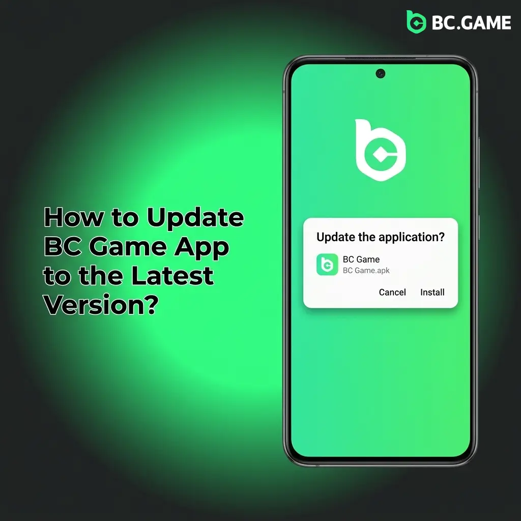 BC Game app update process on Android showing in-app notification prompt and APK installation steps