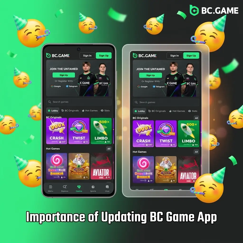 Smartphone screen showing BC Game app update notification with security and performance improvement alerts