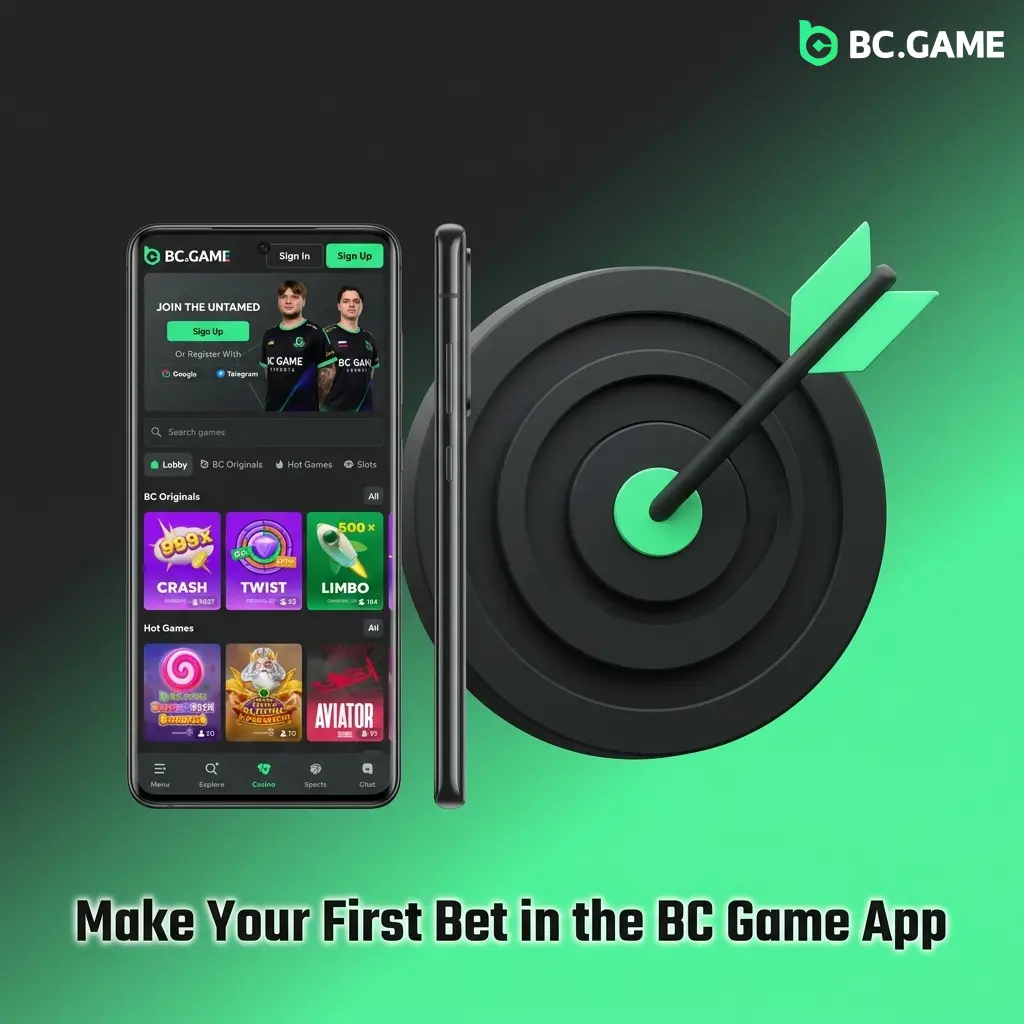 BC Game app sportsbook bet slip showing sports markets, odds selection, and place bet button for first-time bettors