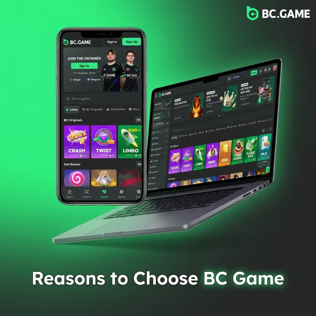 BC Game UK platform featuring 8000+ games, crypto payments, 360% welcome bonus, esports betting, and provably fair gaming