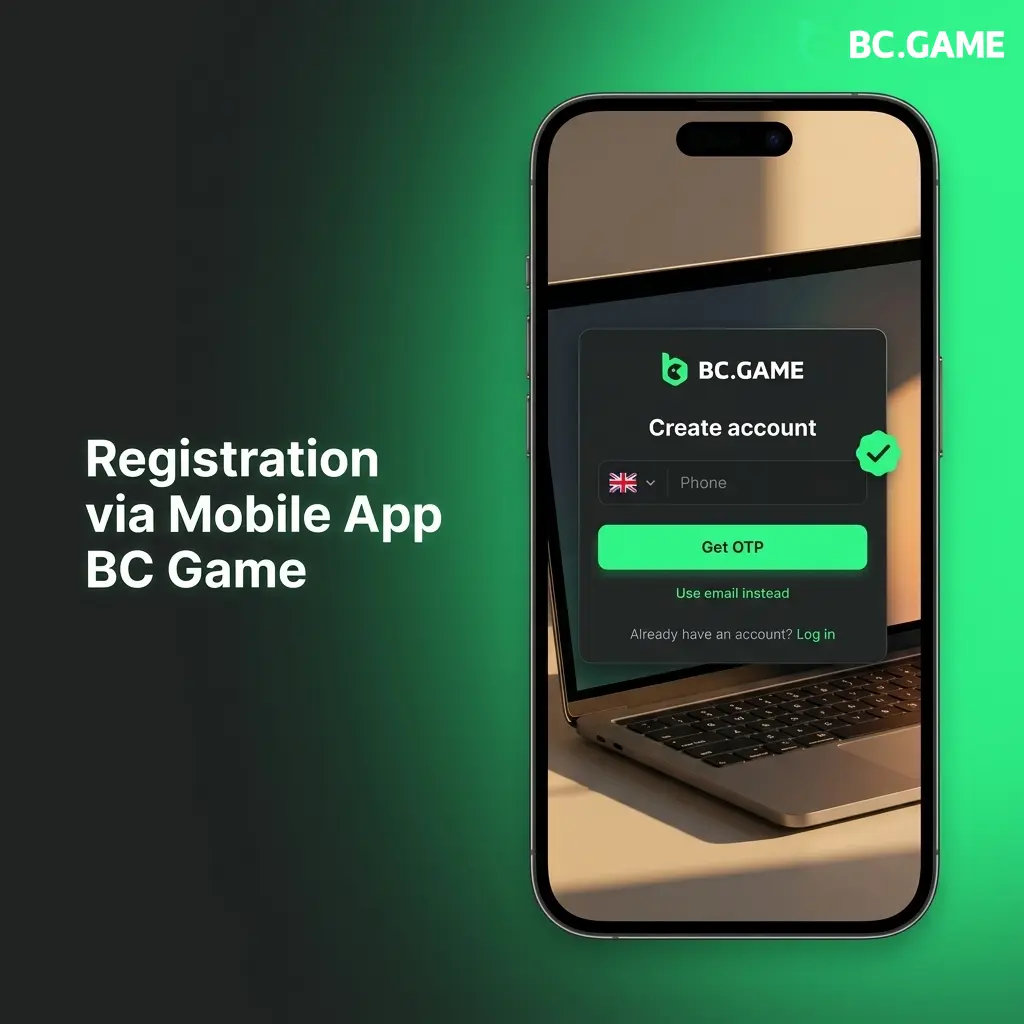 BC Game mobile app registration screen on Android showing sign-up options for email, phone, Google, and Telegram