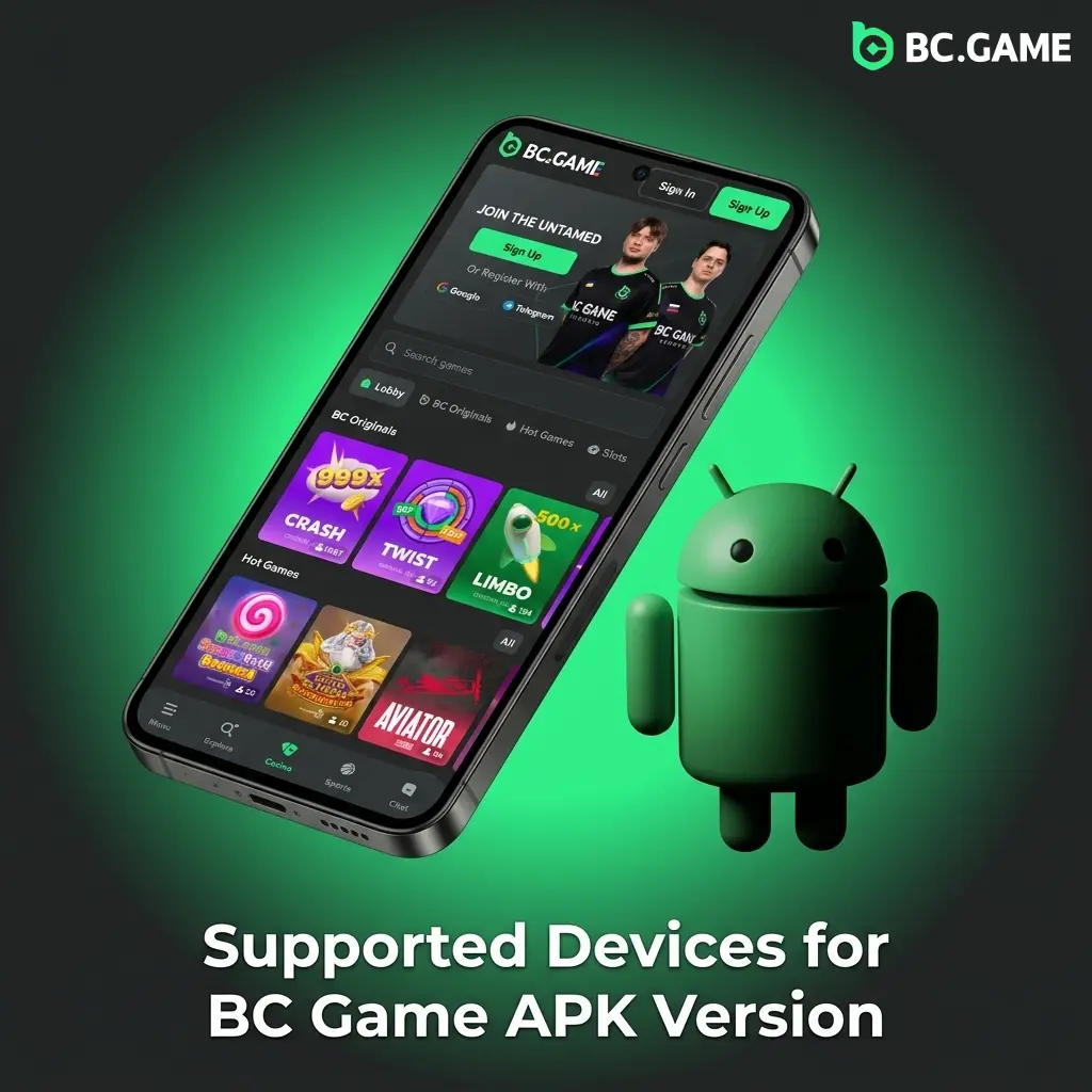 BC Game APK supported Android devices table showing compatible brands like Samsung, Sony, Huawei, OnePlus, and more